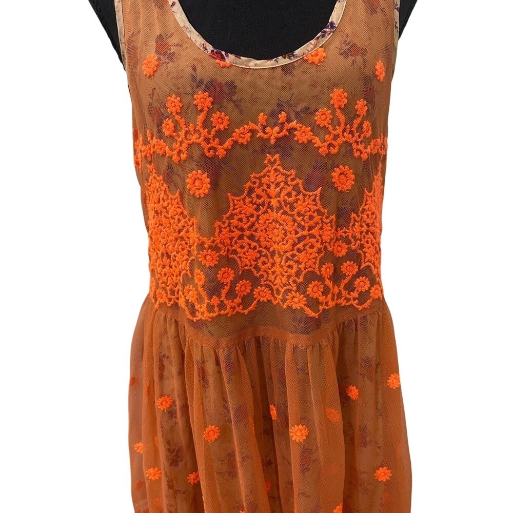 NWOT Uncle Frank for Anthropologie Boho Lace Floral Orange Neon Dress - Picture 2 of 5